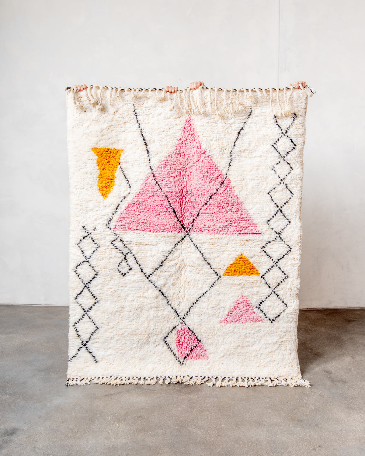 Modern, designer, handcrafted Berber rug from Morocco. Beniourain carpet with beautiful colours and patterns and fluffy wool texture.
